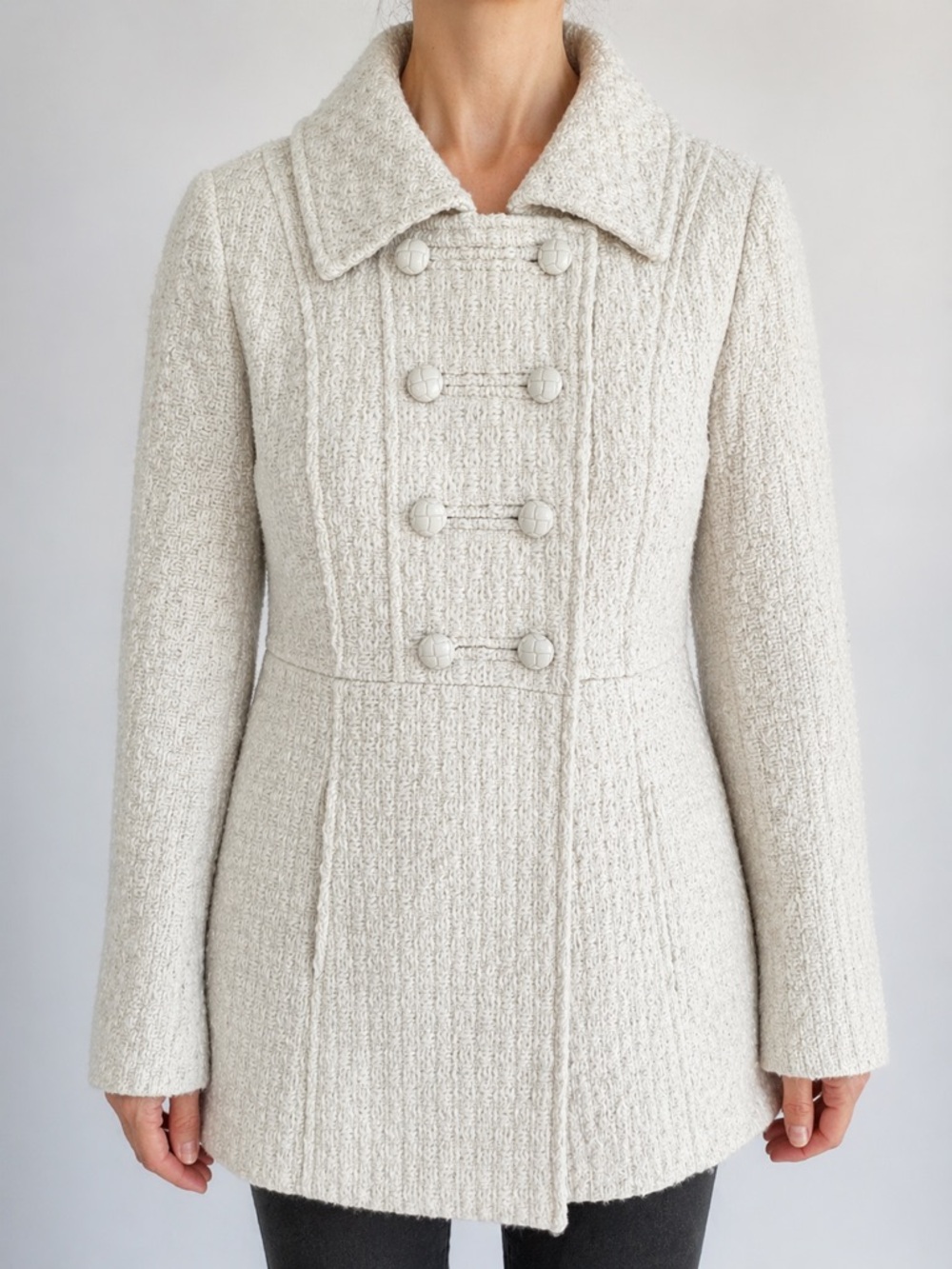 Tulle Ivory Boucle Pea Coat Medium Double Breasted Tailored Jacket
